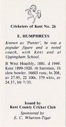 1986 Kent County Cricket Club Cricketers #26 Punter Humphreys Back