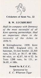1986 Kent County Cricket Club Cricketers #32 Brian Luckhurst Back