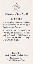 1986 Kent County Cricket Club Cricketers #43 Leslie Todd Back