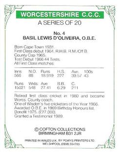 1989 Cofton Collections Worcestershire County Cricket Club #4 Basil D'Oliveira Back