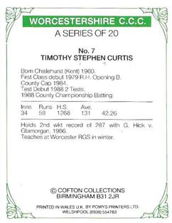 1989 Cofton Collections Worcestershire County Cricket Club #7 Tim Curtis Back