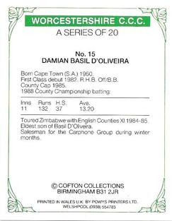1989 Cofton Collections Worcestershire County Cricket Club #15 Damien D'Oliveira Back