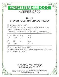 1989 Cofton Collections Worcestershire County Cricket Club #17 Steve O'Shaughnessy Back