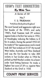1992 County Print Services 1950's Test Cricketers #7 Fred Trueman Back