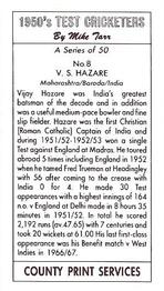 1992 County Print Services 1950's Test Cricketers #8 Vijay Hazare Back