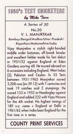 1992 County Print Services 1950's Test Cricketers #20 Vijay Manjrekar Back