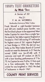 1992 County Print Services 1950's Test Cricketers #21 Frank Worrell Back