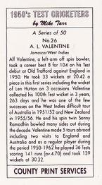1992 County Print Services 1950's Test Cricketers #26 Alf Valentine Back