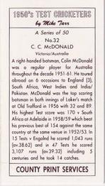 1992 County Print Services 1950's Test Cricketers #32 Colin McDonald Back