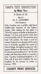 1992 County Print Services 1950's Test Cricketers #41 Colin Cowdrey Back
