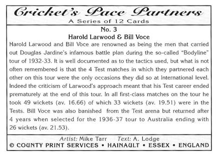 1995 County Print Services Cricket Pace Partners #3 Harold Larwood / Bill Voce Back