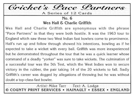 1995 County Print Services Cricket Pace Partners #6 Wes Hall / Charlie Griffith Back