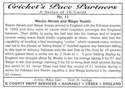 1995 County Print Services Cricket Pace Partners #11 Wasim Akram / Waqar Younis Back