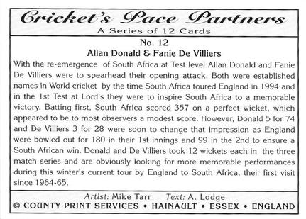 1995 County Print Services Cricket Pace Partners #12 Allan Donald / Fanie De Villiers Back