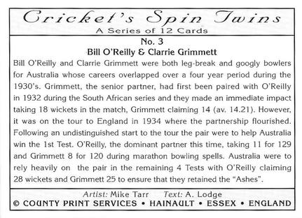 1995 County Print Services Cricket Spin Twins #3 Bill O'Reilly / Clarrie Grimmett Back