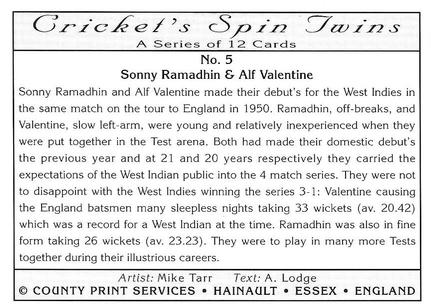 1995 County Print Services Cricket Spin Twins #5 Sonny Ramadhin / Alf Valentine Back