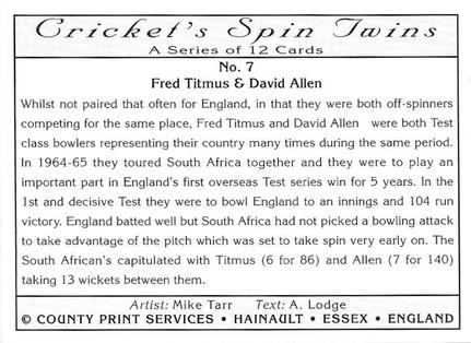 1995 County Print Services Cricket Spin Twins #7 Fred Titmus / David Allen Back