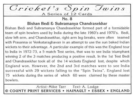 1995 County Print Services Cricket Spin Twins #8 Bishan Bedi / Subramanya Chandrasekhar Back