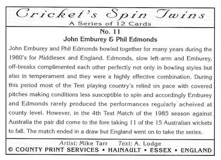 1995 County Print Services Cricket Spin Twins #11 John Emburey / Phil Edmonds Back