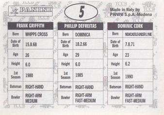 1995 Panini Cricket Stickers #5 Dominic Cork / Phillip DeFreitas / Frank Griffith Back