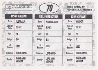 1995 Panini Cricket Stickers #70 John Crawley / Neil Fairbrother / Jason Gallian Back