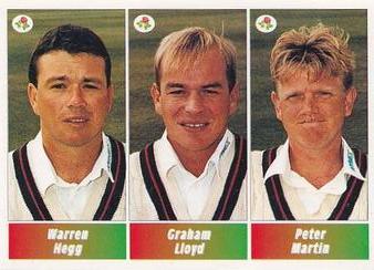 1995 Panini Cricket Stickers #71 Warren Hegg / Graham Lloyd / Peter Martin Front