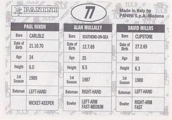 1995 Panini Cricket Stickers #77 David Millns / Alan Mullally / Paul Nixon Back