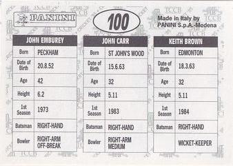 1995 Panini Cricket Stickers #100 Keith Brown / John Carr / John Emburey Back