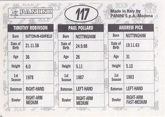 1995 Panini Cricket Stickers #117 Andrew Pick / Paul Pollard / Timothy Robinson Back