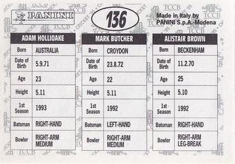 1995 Panini Cricket Stickers #136 Alistair Brown / Mark Butcher / Adam Hollioake Back