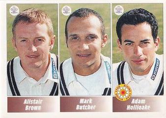 1995 Panini Cricket Stickers #136 Alistair Brown / Mark Butcher / Adam Hollioake Front
