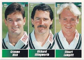 1995 Panini Cricket Stickers #157 Graeme Hick / Richard Illingworth / Stuart Lampitt Front