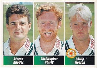 1995 Panini Cricket Stickers #159 Steven Rhodes / Christopher Tolley / Philip Weston Front