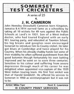1994 County Print Services Somerset Test Cricketers #4 John Cameron Back