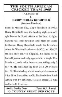 1994 County Print Services 1965 South African Cricket Team #6 Harry Bromfield Back