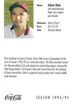 1994-95 Coca Cola Queensland Bulls Cricketers #NNO Adam Dale Back