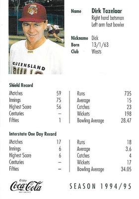1994-95 Coca Cola Queensland Bulls Cricketers #NNO Dirk Tazelaar Back