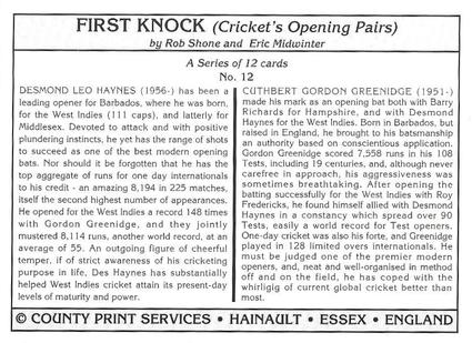 1994 County Print Services First Knock (Cricket Opening Pairs) #12 C.G. Greenidge / D.L. Haynes Back