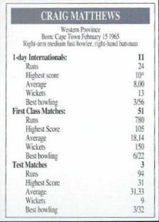 1993 Stars Topsport South Africa v Australia #NNO Craig Matthews Back