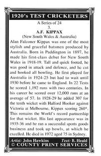 1994 County Print Services 1920's Test Cricketers (Series 1) #3 Alan Kippax Back