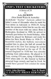 1994 County Print Services 1920's Test Cricketers (Series 1) #11 Archie Jackson Back