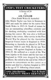 1994 County Print Services 1920's Test Cricketers (Series 1) #13 Johnny Taylor Back