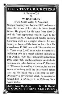 1994 County Print Services 1920's Test Cricketers (Series 1) #21 Warren Bardsley Back
