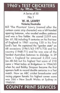 1992 County Print Services 1960's Test Cricketers #1 Bill Lawry Back
