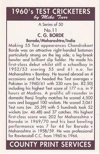 1992 County Print Services 1960's Test Cricketers #11 Chandu Borde Back