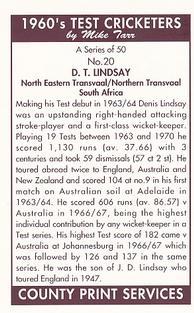 1992 County Print Services 1960's Test Cricketers #20 Denis Lindsay Back