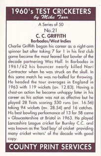 1992 County Print Services 1960's Test Cricketers #21 Charlie Griffith Back