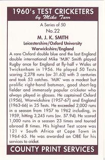 1992 County Print Services 1960's Test Cricketers #22 M.J.K. Smith Back