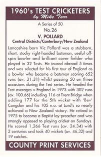 1992 County Print Services 1960's Test Cricketers #26 Vic Pollard Back