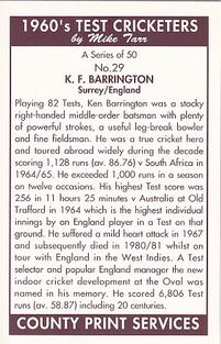 1992 County Print Services 1960's Test Cricketers #29 Ken Barrington Back